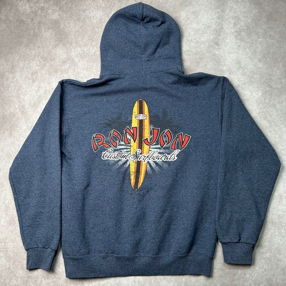 Ron Jon Surf Shop Hoodie Mens Medium Blue Graphic Custom Surfboards Pullover